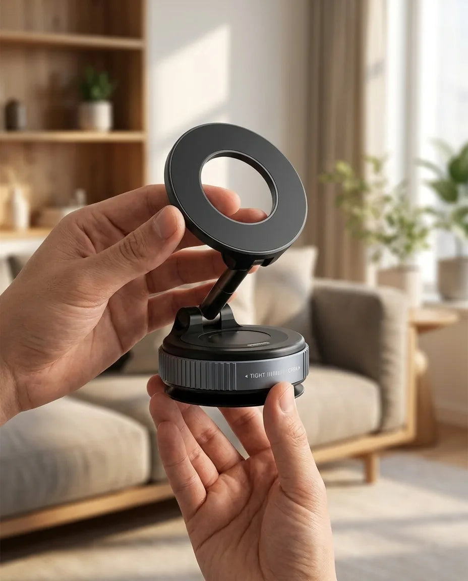 Hands holding the MagGrip magnetic mount, showing its compact size